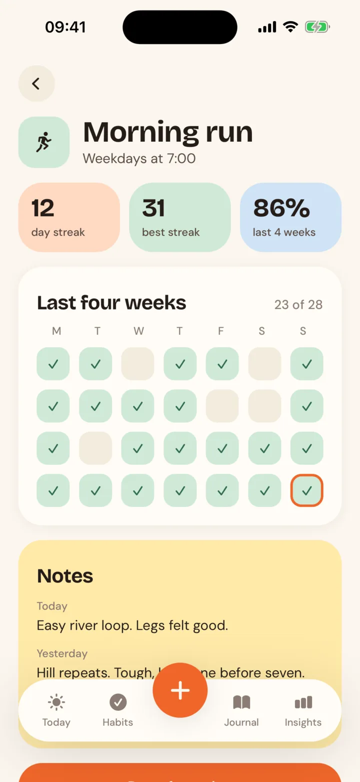 Nook habit detail: a four-week grid of completed morning runs with streak stats